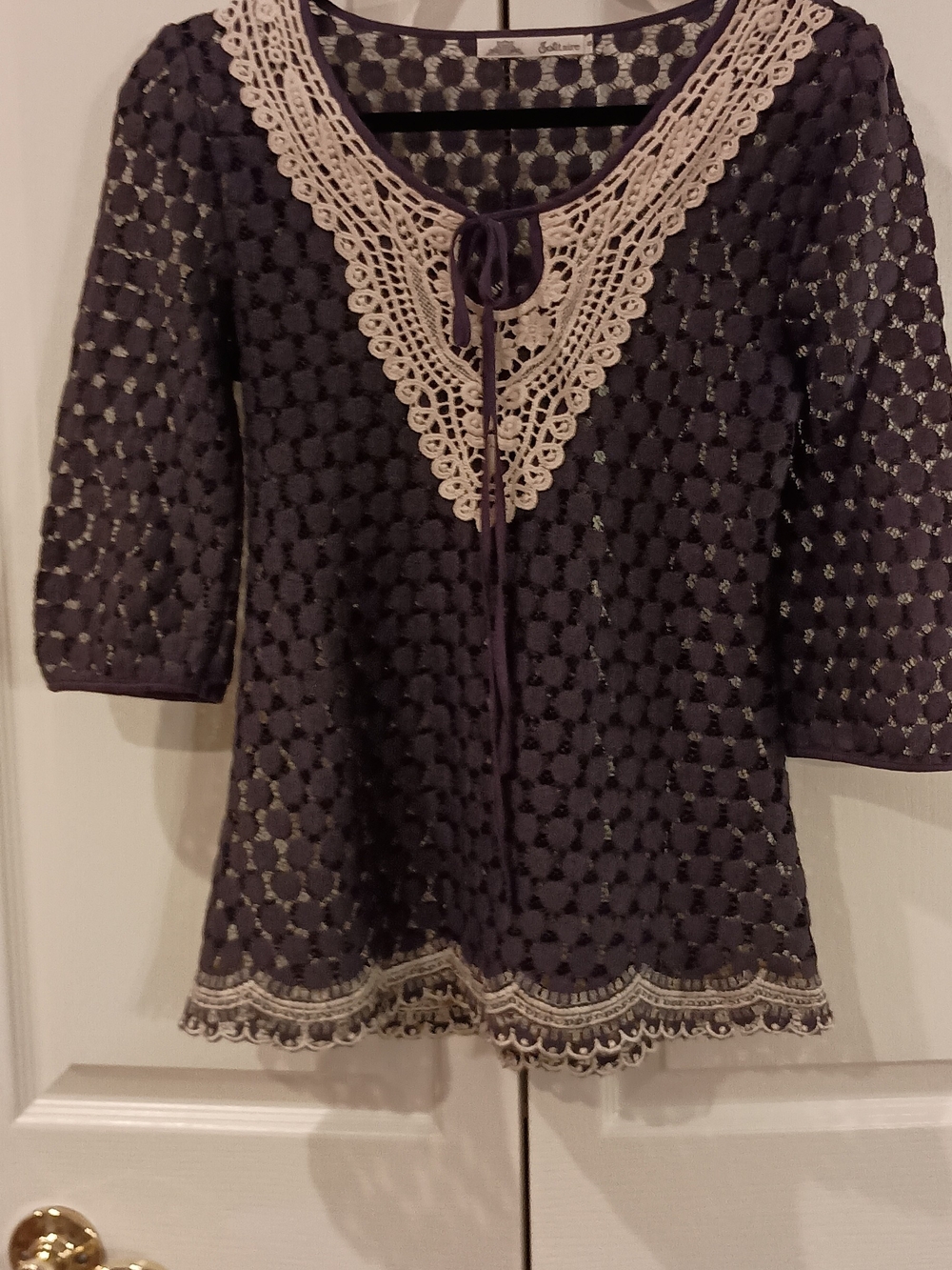 Solitaire Navy & Cream Crochet Tunic with Cream Lace Trim and Tie Neck